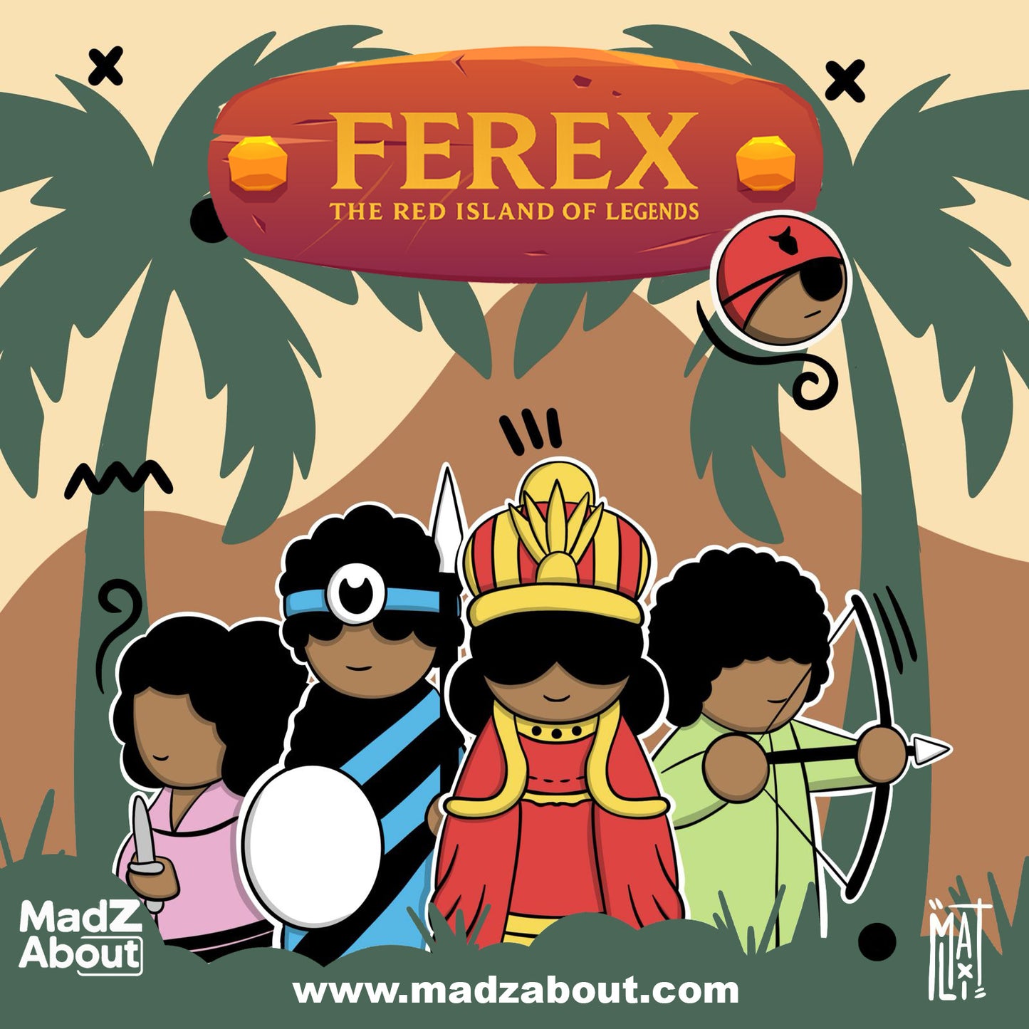 Illustration of characters from 'Ferex: The Red Island of Legends' with palm trees and a red banner in the background.