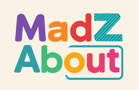 Colorful text logo with 'MadzAbout' on a light background