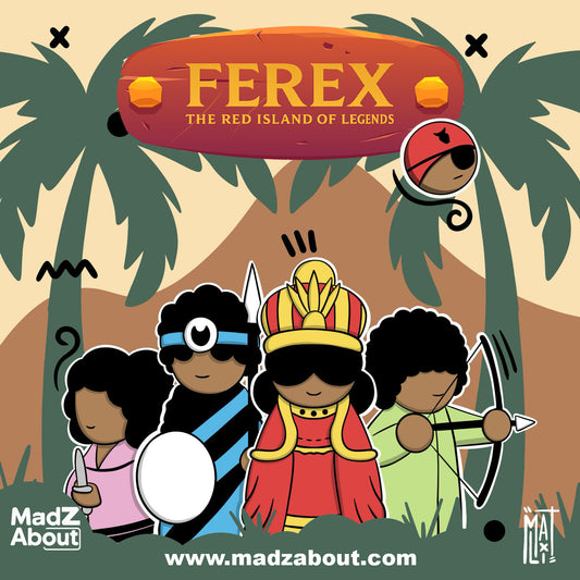 Illustration of characters from 'Ferex: The Red Island of Legends' with palm trees and a red banner in the background.